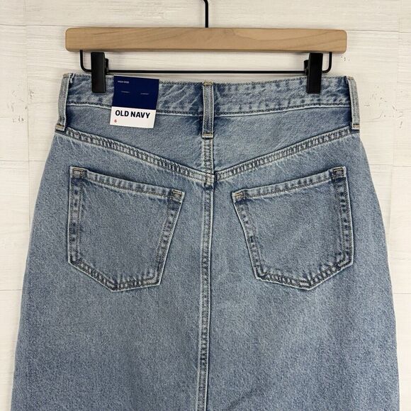 Old Navy Denim Jean Midi Skirt Size 6 Blue Light Wash Front Slit High Rise NWT - Picture 7 of 15